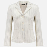 The THEORY Shrunken 3 Button Jacket is a cream crepe blazer featuring vertical black pinstripes, notched lapels, three front buttons, and two front pockets, shown on a plain white background.