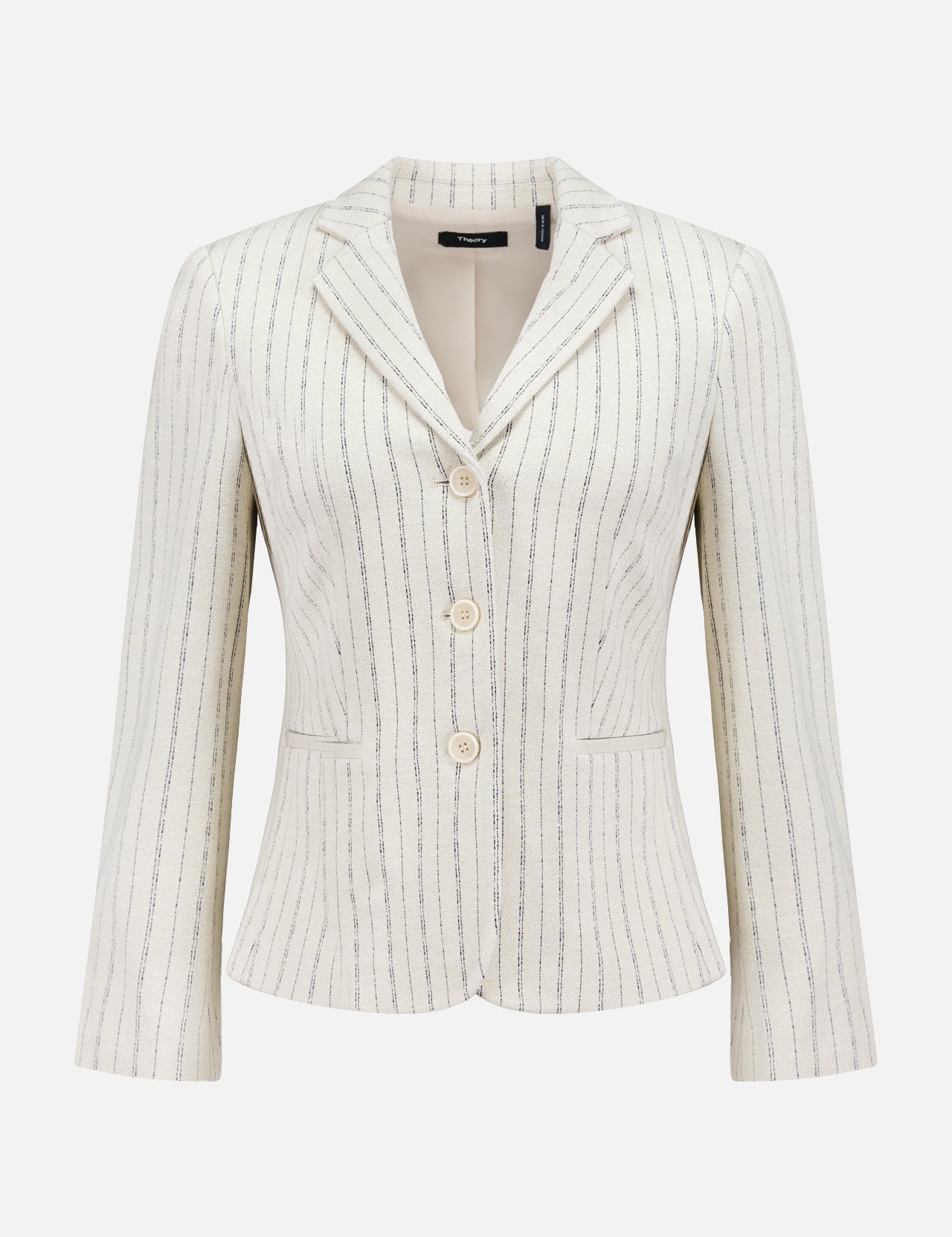The THEORY Shrunken 3 Button Jacket is a cream crepe blazer featuring vertical black pinstripes, notched lapels, three front buttons, and two front pockets, shown on a plain white background.