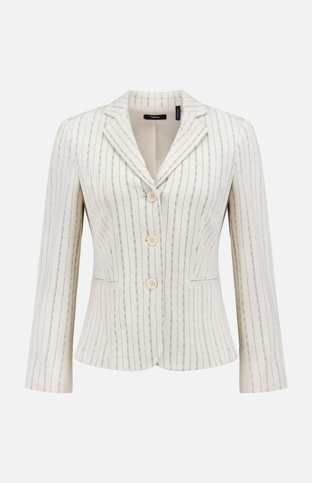 The THEORY Shrunken 3 Button Jacket is a cream crepe blazer featuring vertical black pinstripes, notched lapels, three front buttons, and two front pockets, shown on a plain white background.
