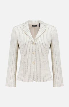The THEORY Shrunken 3 Button Jacket is a cream crepe blazer featuring vertical black pinstripes, notched lapels, three front buttons, and two front pockets, shown on a plain white background.