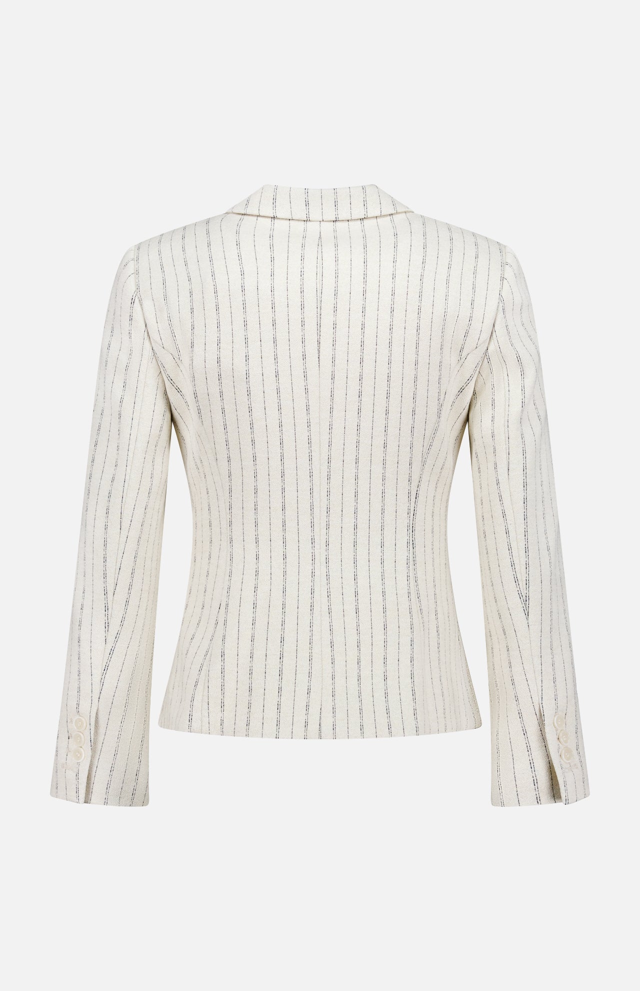 The Shrunken 3 Button Jacket by THEORY features a tailored white design with thin black pinstripes, long sleeves, and three buttons, shown from the back against a plain background.