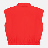 The THEORY Sleeveless Cropped Elastic Shirt features a bright red hue, tailored fit, collared neckline, and elastic hem—displayed flat from the back on a white background—ideal for chic office wear.