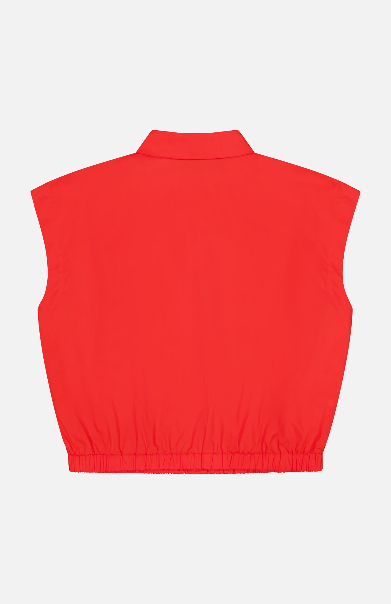 The THEORY Sleeveless Cropped Elastic Shirt features a bright red hue, tailored fit, collared neckline, and elastic hem—displayed flat from the back on a white background—ideal for chic office wear.
