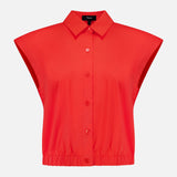THEORY Sleeveless Cropped Elastic Shirt: a bright red, collared button-up top with wide shoulders and elastic hem—ideal for office wear. Shown on a plain white background.