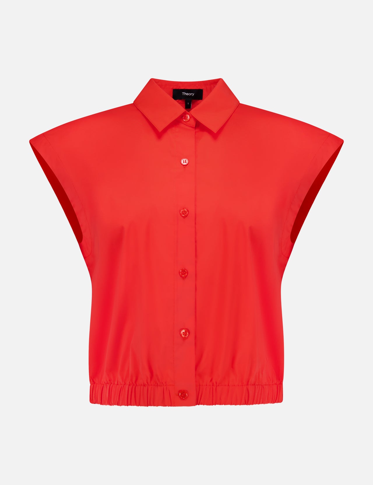THEORY Sleeveless Cropped Elastic Shirt: a bright red, collared button-up top with wide shoulders and elastic hem—ideal for office wear. Shown on a plain white background.