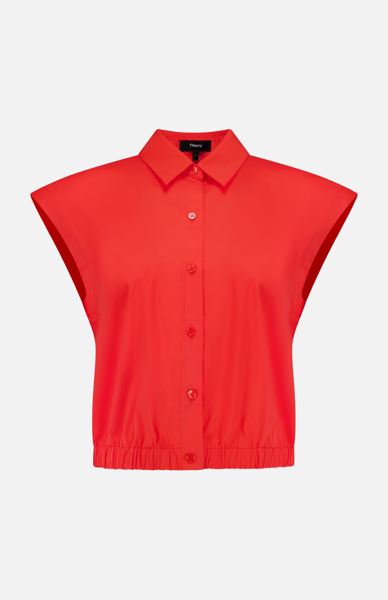 THEORY Sleeveless Cropped Elastic Shirt: a bright red, collared button-up top with wide shoulders and elastic hem—ideal for office wear. Shown on a plain white background.