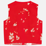 A sleeveless abstract floral shell top by THEORY, shown flat with the back side visible against a simple background—this effortlessly chic piece features a vibrant red and white tie-dye floral pattern, adding a playful twist to any wardrobe.