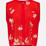 THEORY’s Sleeveless Abstract Floral Shell Top features a sleeveless design in red sheer fabric with white abstract floral patterns, a button-down front, and a round neckline—elegantly presented against a plain white background.