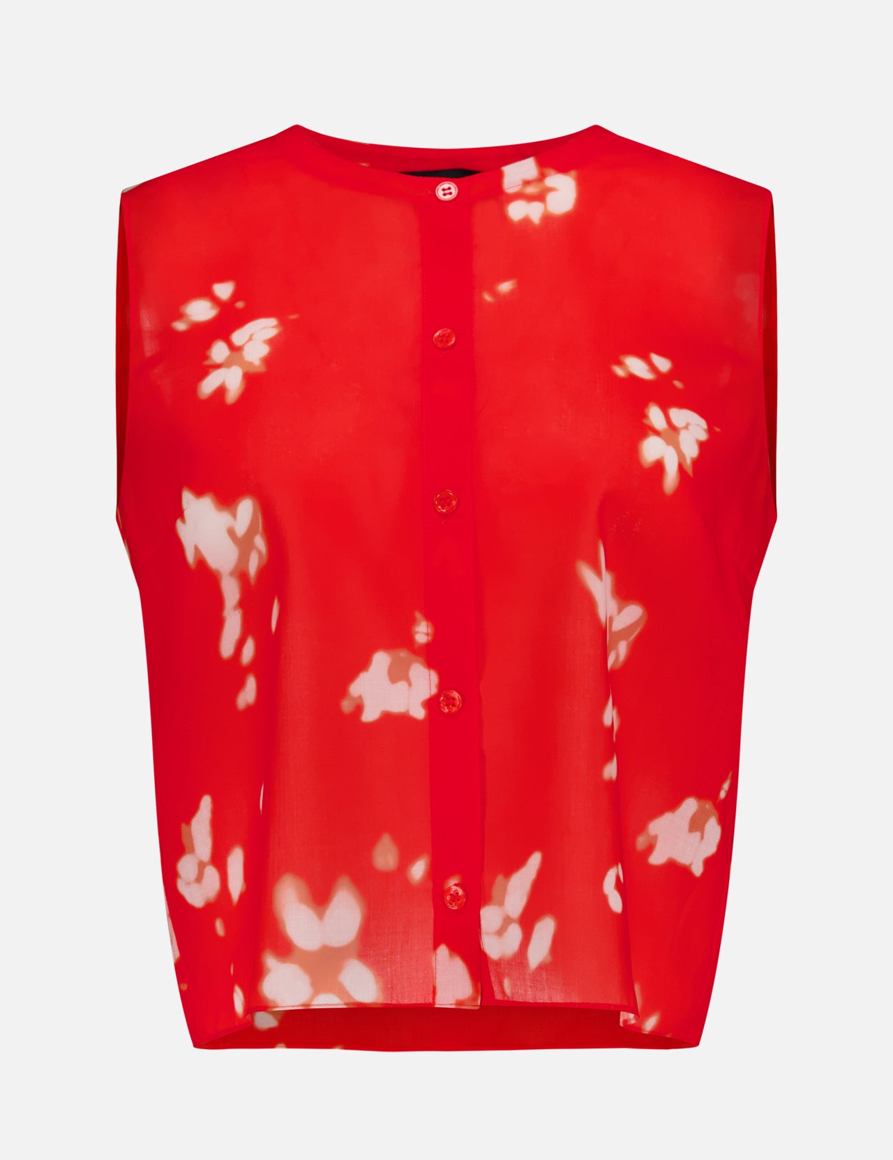 THEORY’s Sleeveless Abstract Floral Shell Top features a sleeveless design in red sheer fabric with white abstract floral patterns, a button-down front, and a round neckline—elegantly presented against a plain white background.