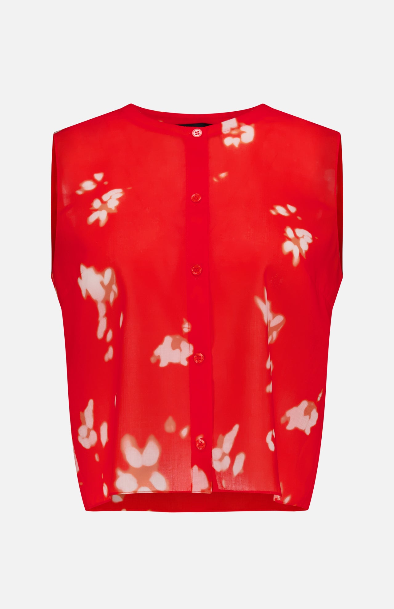THEORY’s Sleeveless Abstract Floral Shell Top features a sleeveless design in red sheer fabric with white abstract floral patterns, a button-down front, and a round neckline—elegantly presented against a plain white background.