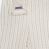 A close-up of the THEORY Slim Full Length Trouser Pant in cream with thin black pinstripes, featuring a partially unzipped front that reveals the waistband, button, and part of the zipper.