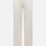 The THEORY Slim Full Length Trouser Pant features white crepe fabric with thin vertical black pinstripes, a straight-leg cut, belt loops, and two back welt pockets, shown on a plain white background.