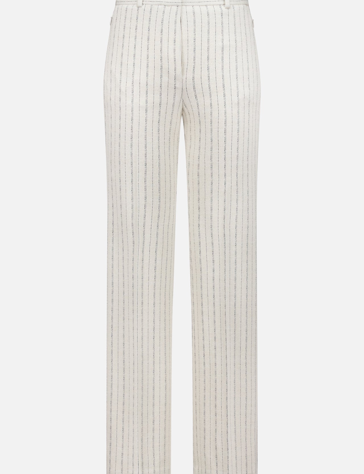 The THEORY Slim Full Length Trouser Pant features white crepe fabric with thin vertical black pinstripes, a straight-leg cut, belt loops, and two back welt pockets, shown on a plain white background.