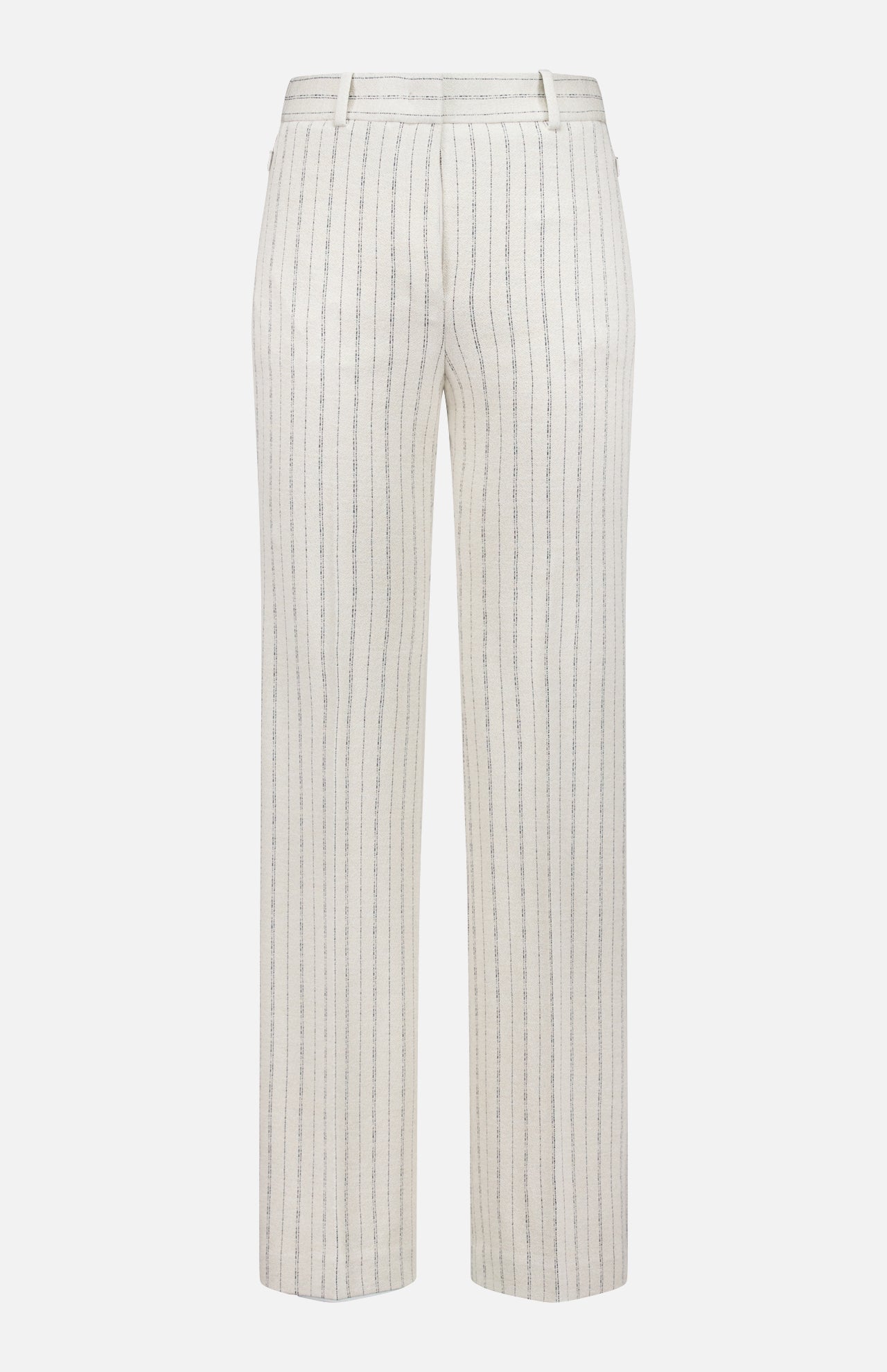 The THEORY Slim Full Length Trouser Pant features white crepe fabric with thin vertical black pinstripes, a straight-leg cut, belt loops, and two back welt pockets, shown on a plain white background.