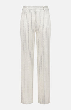 The THEORY Slim Full Length Trouser Pant features white crepe fabric with thin vertical black pinstripes, a straight-leg cut, belt loops, and two back welt pockets, shown on a plain white background.