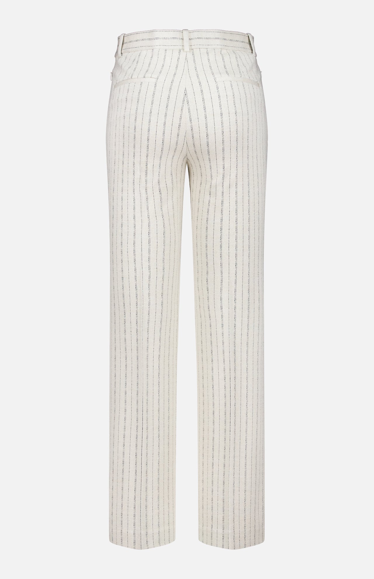 Back view of THEORY Slim Full Length Trouser Pant in white with vertical black pinstripes, straight legs, belt loops, and two back welt pockets.