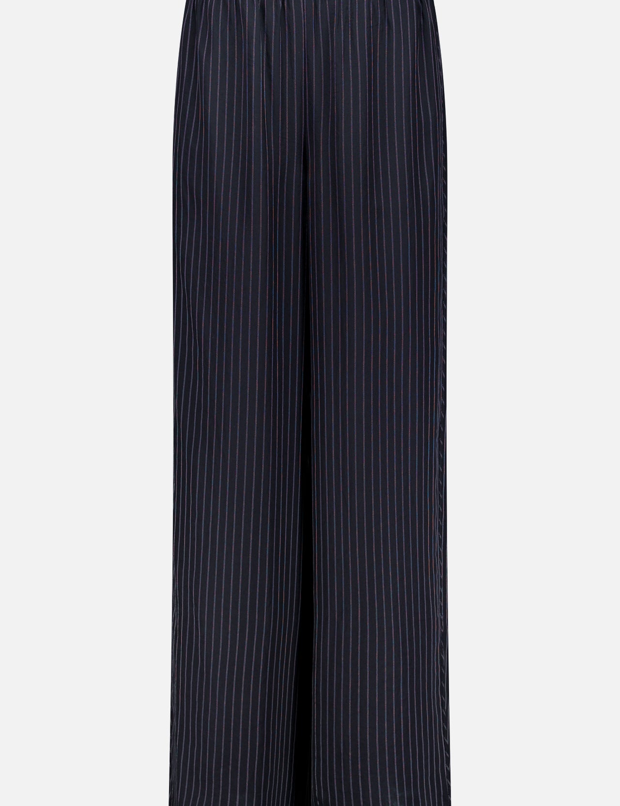 THEORY's Slit Pull-On Stripe Pant features a loose, wide-leg fit with black fabric and thin white vertical pinstripes, plus an elastic waistband for comfort.