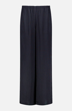 THEORY's Slit Pull-On Stripe Pant features a loose, wide-leg fit with black fabric and thin white vertical pinstripes, plus an elastic waistband for comfort.