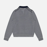 The THEORY Stripe Boy Long Sleeve Shirt features black and white horizontal stripes, a dark collar, and straight hem. Shown from the back against a plain light background.
