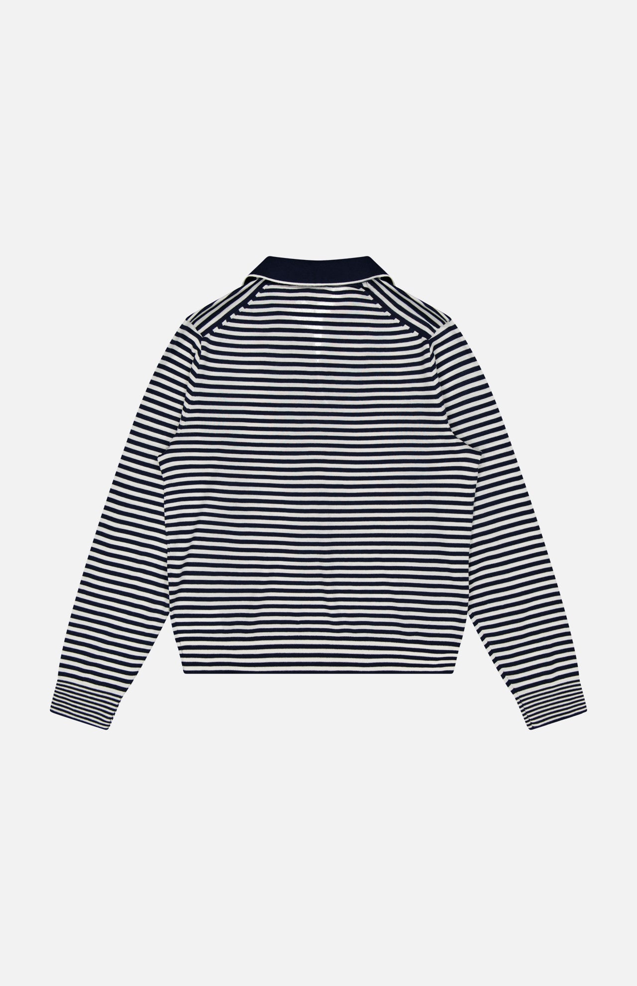 The THEORY Stripe Boy Long Sleeve Shirt features black and white horizontal stripes, a dark collar, and straight hem. Shown from the back against a plain light background.