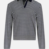 The THEORY Stripe Boy Long Sleeve Shirt is a relaxed-fit nautical summer top with horizontal navy and white stripes, a collared V-neck design, and long sleeves.