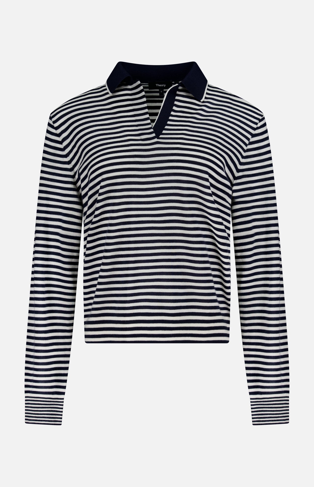 The THEORY Stripe Boy Long Sleeve Shirt is a relaxed-fit nautical summer top with horizontal navy and white stripes, a collared V-neck design, and long sleeves.