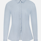 THEORY Tailored Cutaway Shirt in light blue features long sleeves, a slim fit, pointed collar, and cutaway hem for a modern office-ready look, shown against a plain white background.