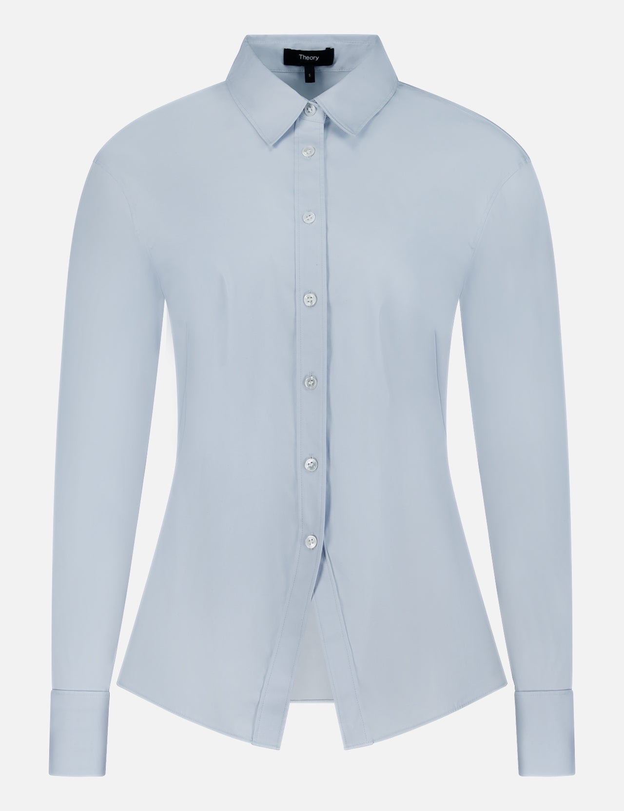 THEORY Tailored Cutaway Shirt in light blue features long sleeves, a slim fit, pointed collar, and cutaway hem for a modern office-ready look, shown against a plain white background.