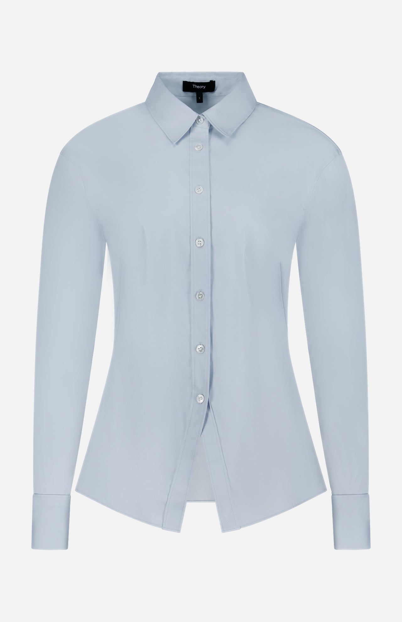 THEORY Tailored Cutaway Shirt in light blue features long sleeves, a slim fit, pointed collar, and cutaway hem for a modern office-ready look, shown against a plain white background.