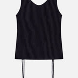 The THEORY Tie Easy Stripe Tank Top features a sleeveless black design with thin white pinstripes and two long ties at the hem, ideal for a coordinated look or pairing with matching sets. Shown on a plain white background.