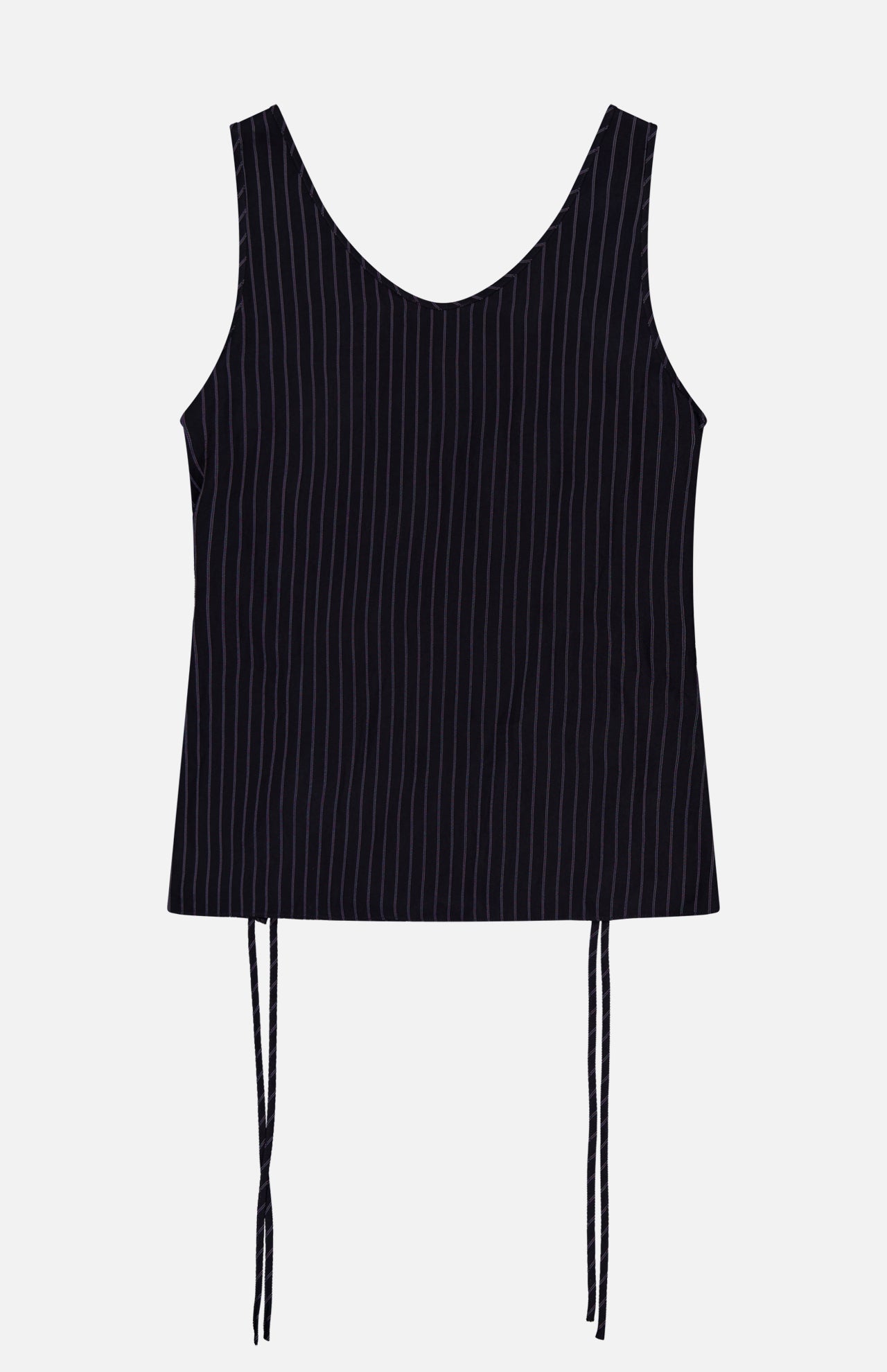 The THEORY Tie Easy Stripe Tank Top features a sleeveless black design with thin white pinstripes and two long ties at the hem, ideal for a coordinated look or pairing with matching sets. Shown on a plain white background.