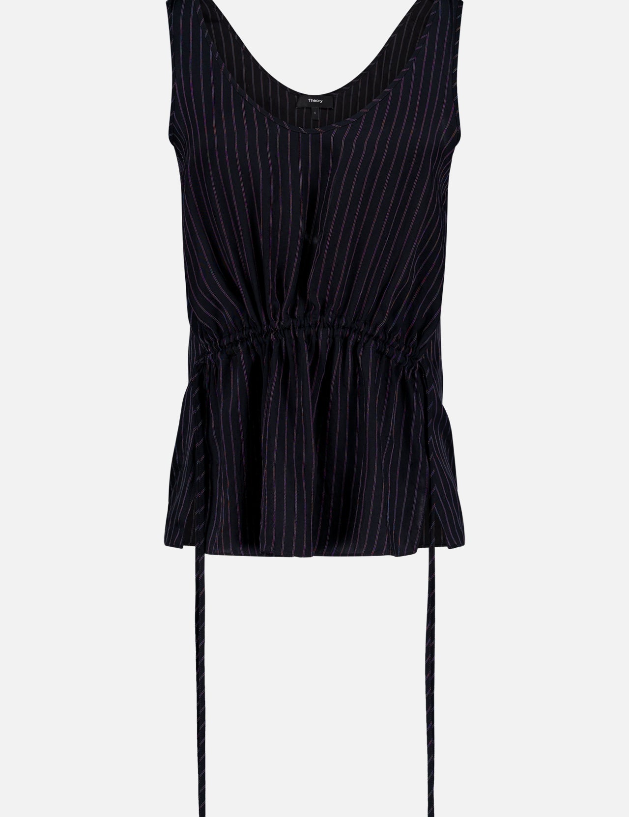 The THEORY Tie Easy Stripe Tank Top features a sleeveless black design with white vertical pinstripes, a V-neckline, adjustable drawstring waist, and flared hem—ideal for coordinated looks or pairing with matching work sets. Shown on a light background.