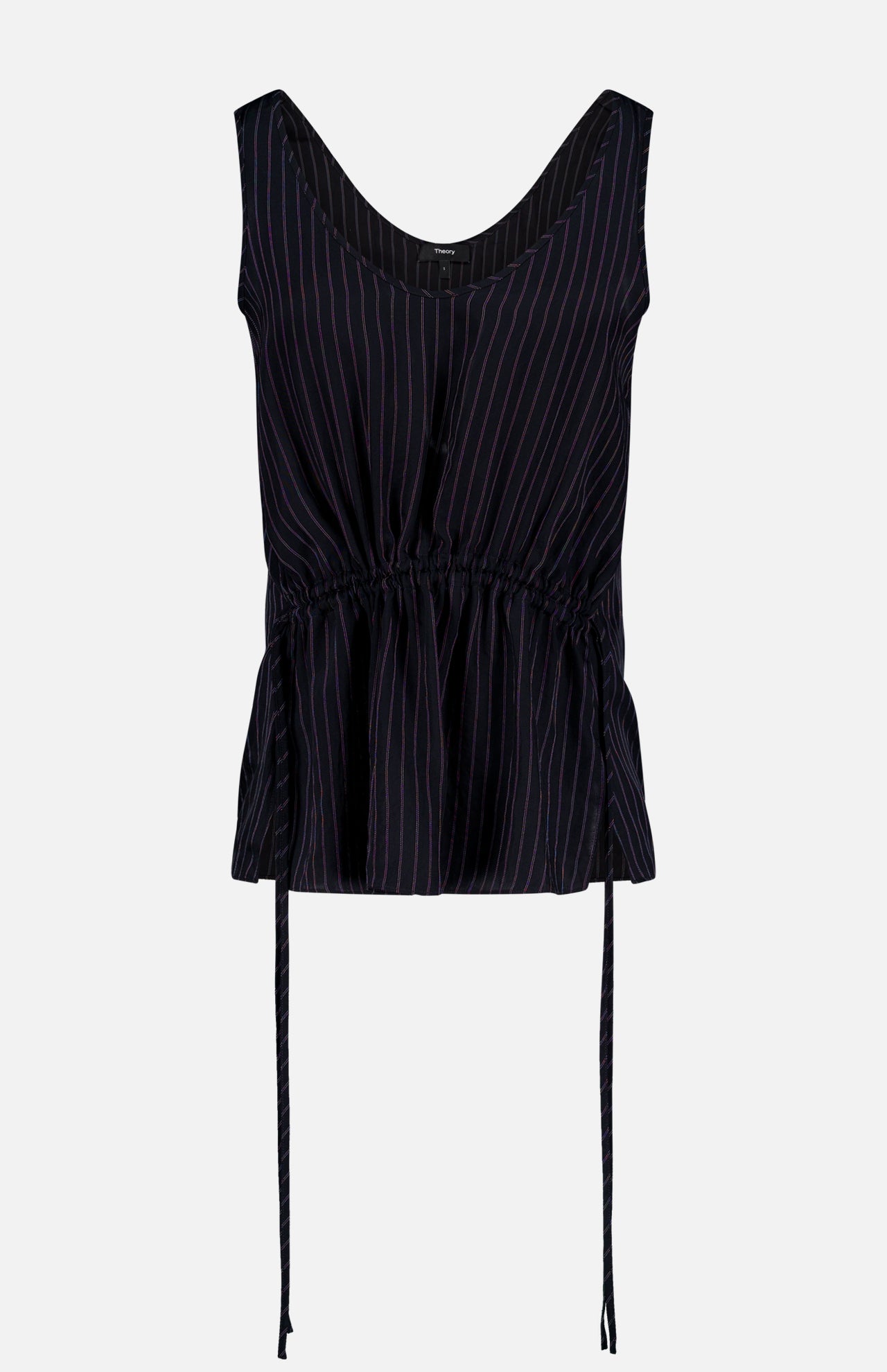 The THEORY Tie Easy Stripe Tank Top features a sleeveless black design with white vertical pinstripes, a V-neckline, adjustable drawstring waist, and flared hem—ideal for coordinated looks or pairing with matching work sets. Shown on a light background.