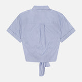 Back view of the THEORY Tie Front Striped Short Sleeve Blouse, showcasing a classic collar, blue and white stripes, short sleeves, and a charming knot detail at the hem.