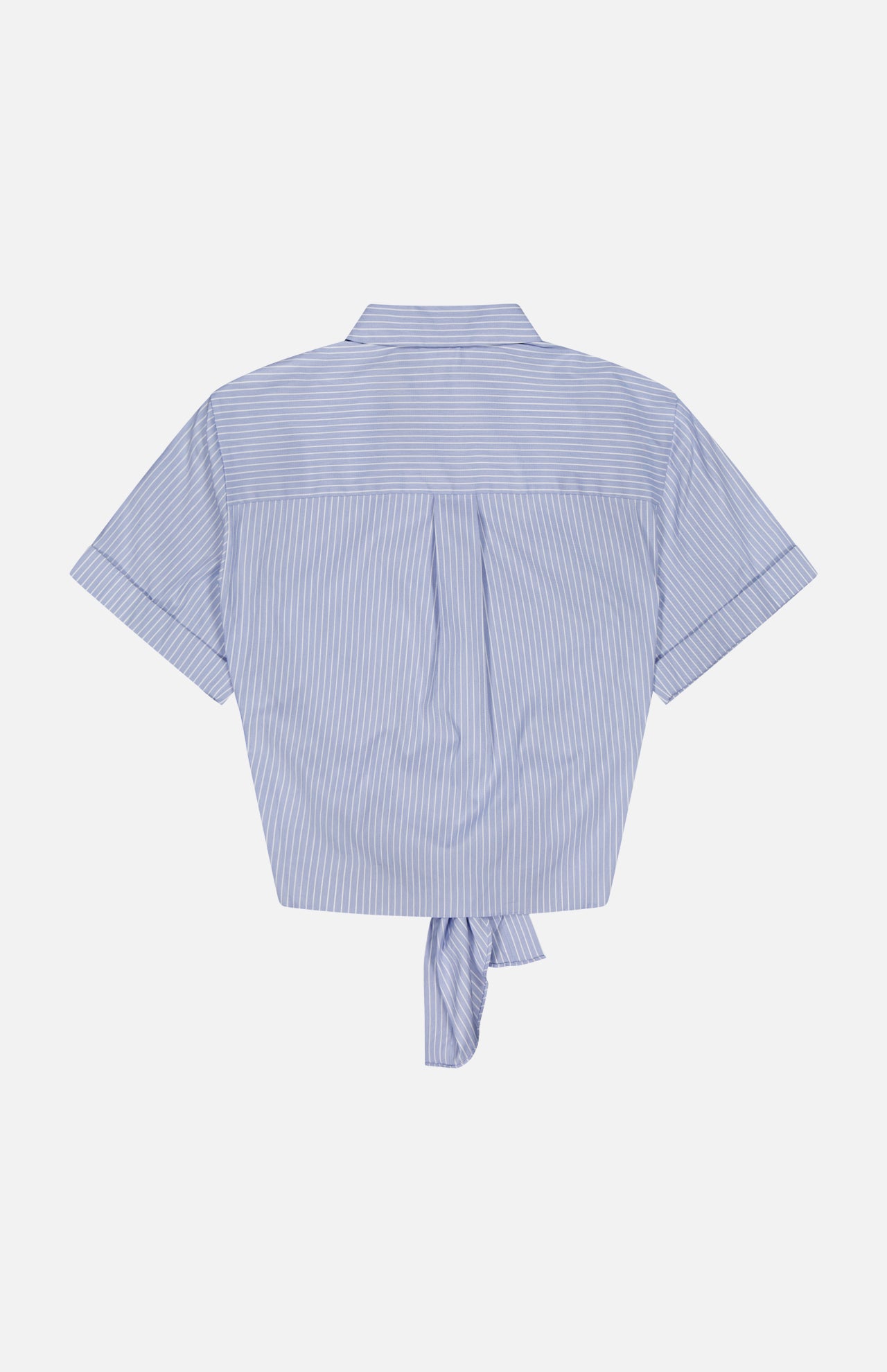 Back view of the THEORY Tie Front Striped Short Sleeve Blouse, showcasing a classic collar, blue and white stripes, short sleeves, and a charming knot detail at the hem.