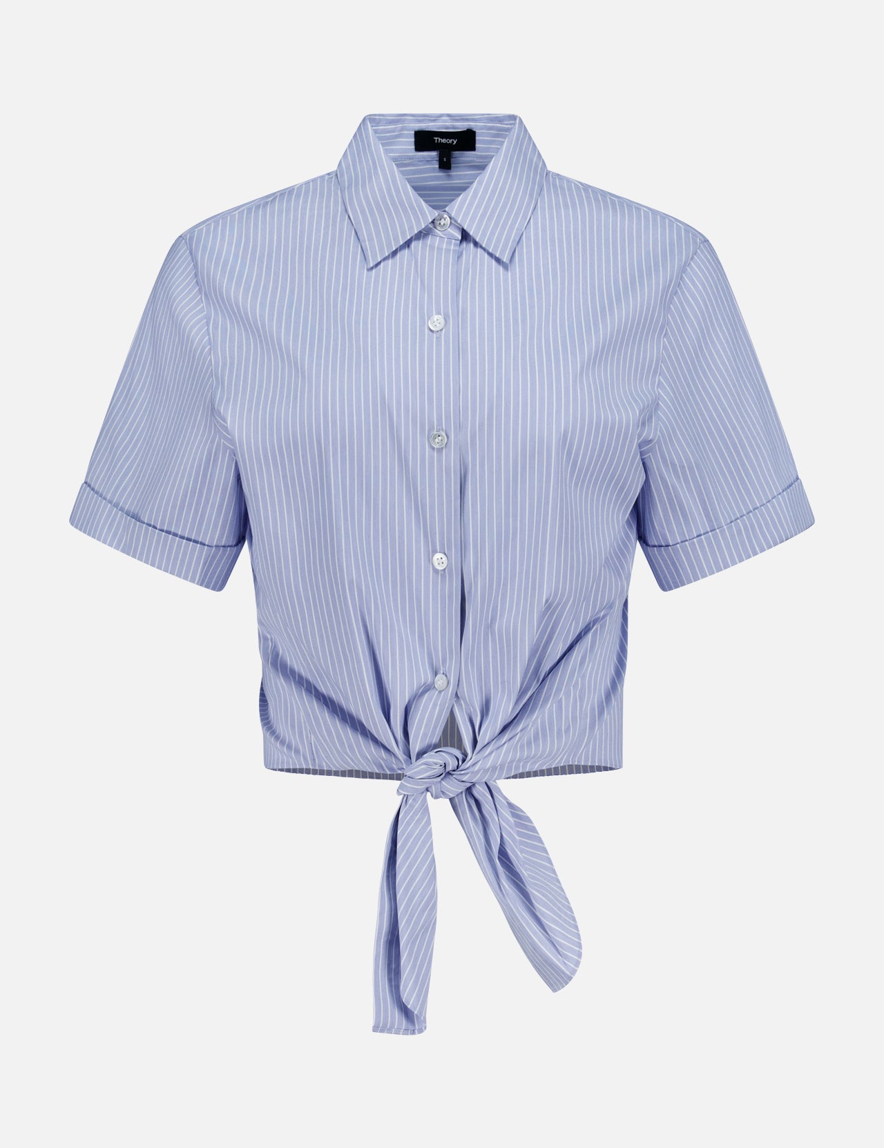 The THEORY Tie Front Striped Short Sleeve Blouse features a light blue color with white vertical stripes, a collared neckline, short sleeves, and a button-up front with a stylish tie at the waist. Displayed against a plain white background.