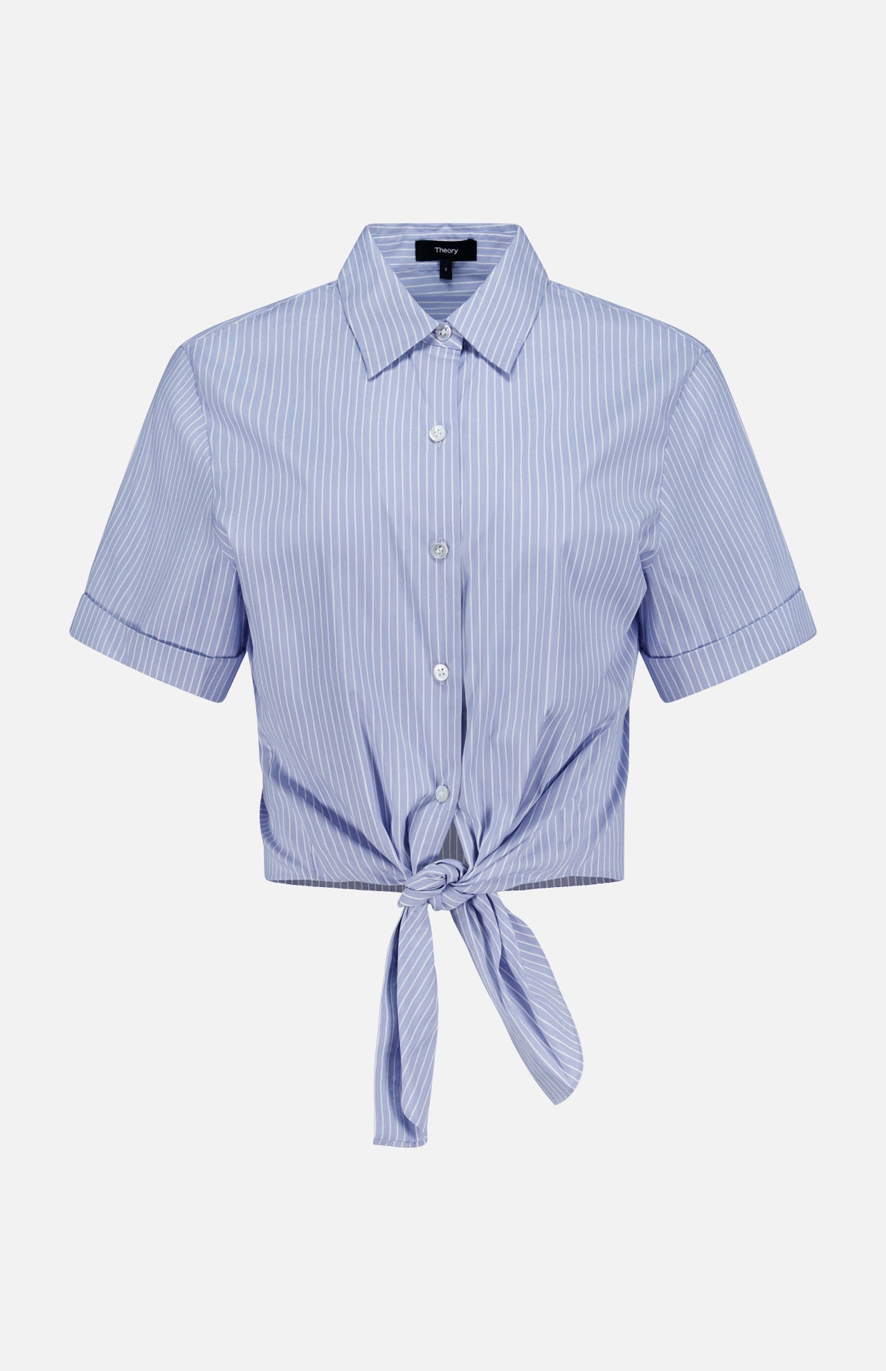 The THEORY Tie Front Striped Short Sleeve Blouse features a light blue color with white vertical stripes, a collared neckline, short sleeves, and a button-up front with a stylish tie at the waist. Displayed against a plain white background.