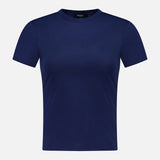 The Tiny Cotton T-shirt by THEORY is shown against a white background. Made from soft Pima cotton, this navy short-sleeved shirt features a crew neckline and a simple, fitted silhouette.