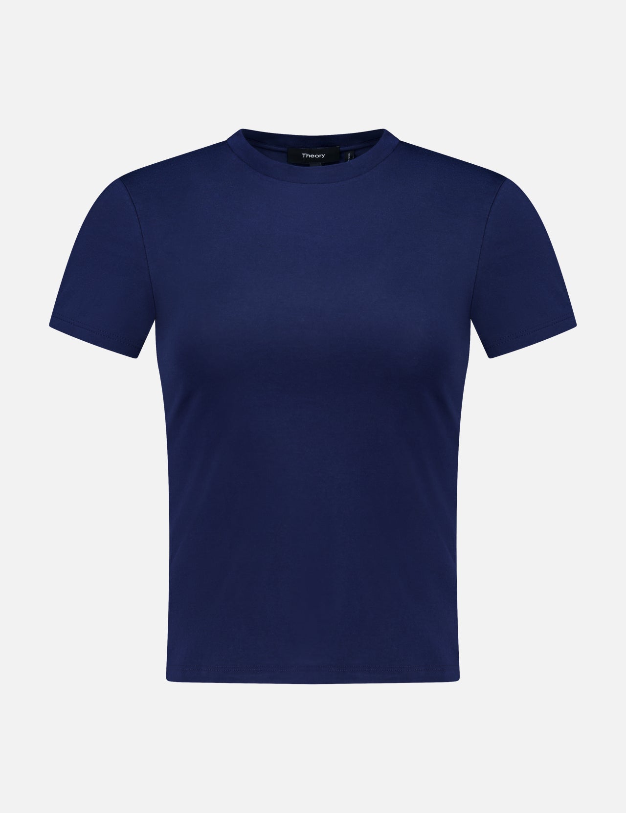 The Tiny Cotton T-shirt by THEORY is shown against a white background. Made from soft Pima cotton, this navy short-sleeved shirt features a crew neckline and a simple, fitted silhouette.