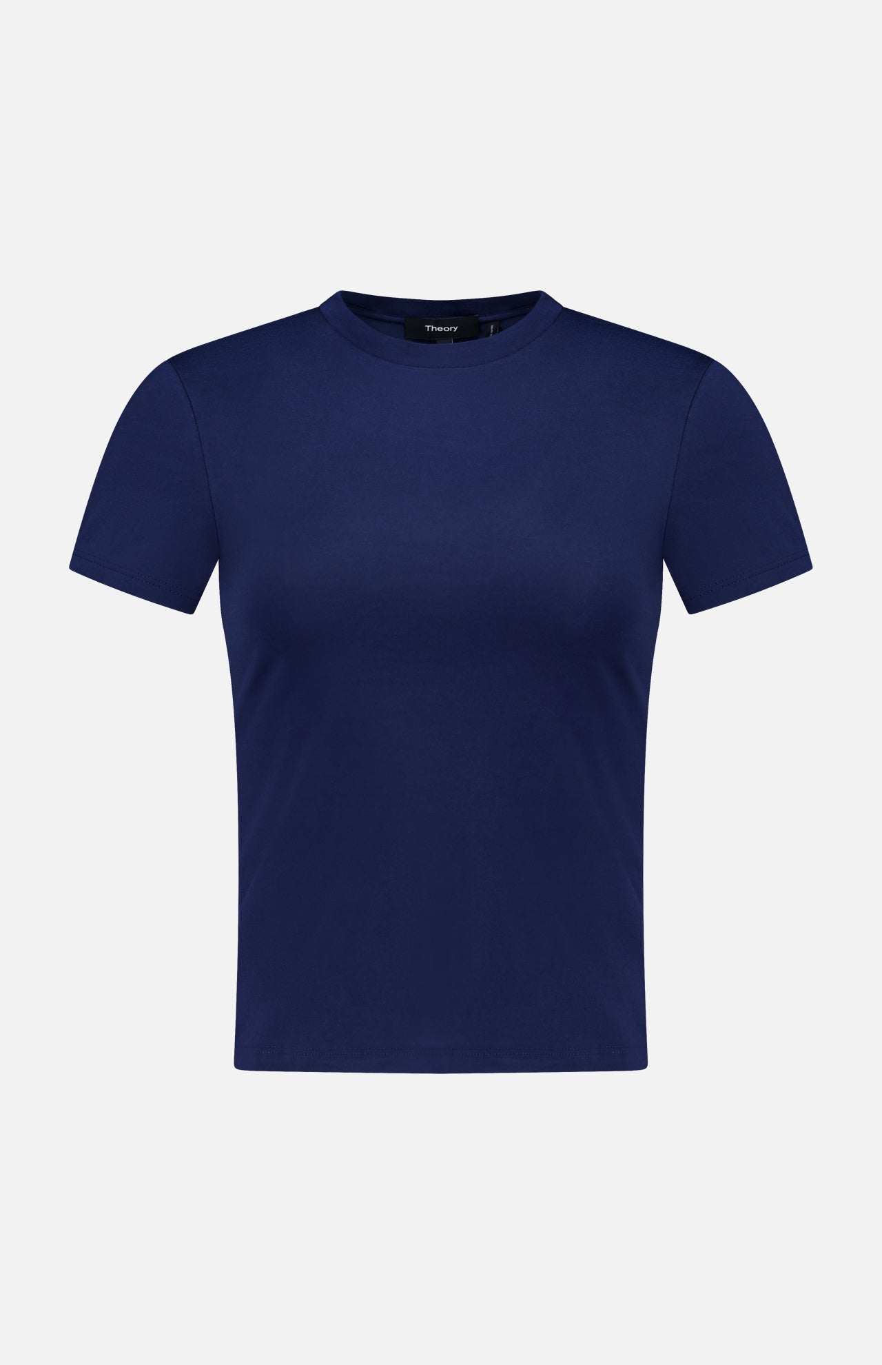 The Tiny Cotton T-shirt by THEORY is shown against a white background. Made from soft Pima cotton, this navy short-sleeved shirt features a crew neckline and a simple, fitted silhouette.