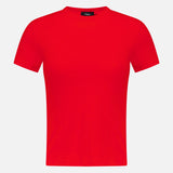 The THEORY Tiny Cotton T-shirt features a fitted silhouette and short sleeves, crafted from soft Pima cotton in bright red with a classic crew neckline, shown against a white background.