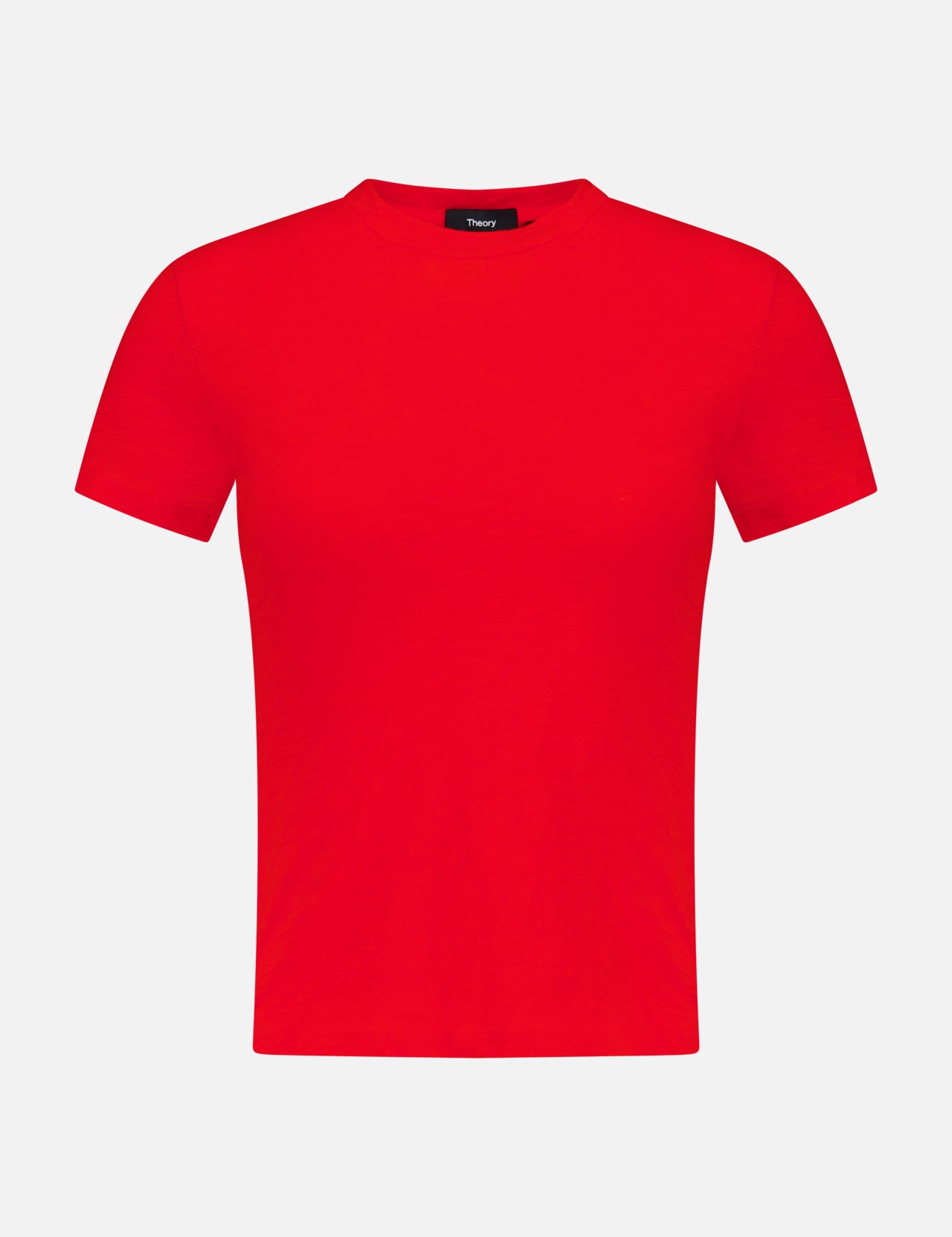 The THEORY Tiny Cotton T-shirt features a fitted silhouette and short sleeves, crafted from soft Pima cotton in bright red with a classic crew neckline, shown against a white background.
