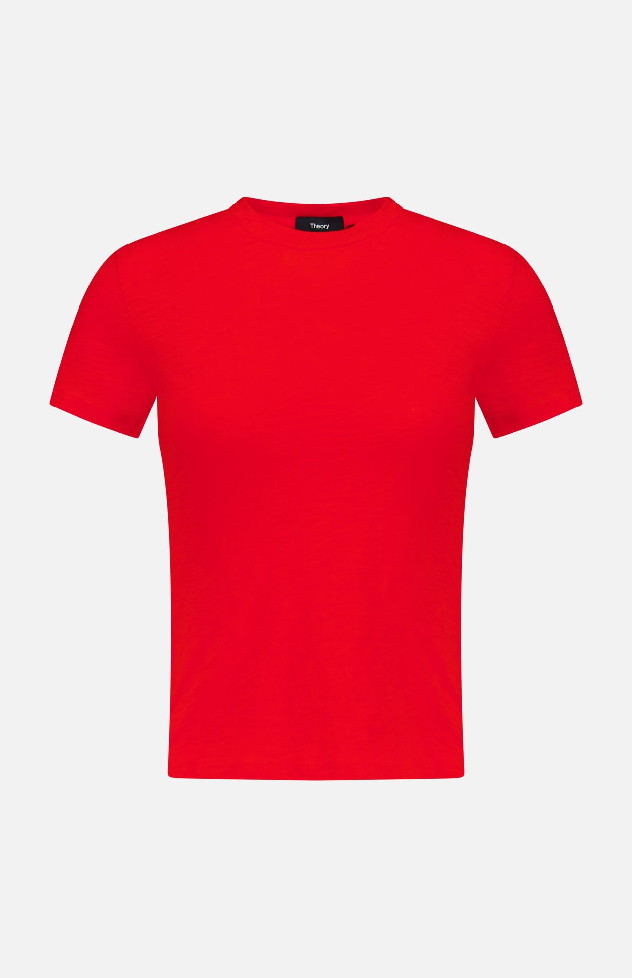 The THEORY Tiny Cotton T-shirt features a fitted silhouette and short sleeves, crafted from soft Pima cotton in bright red with a classic crew neckline, shown against a white background.