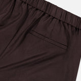 Close-up of the THEORY Treeca Pull-On Pant in chocolate brown, featuring an elastic waistband and a single welt back pocket, displayed against a white background.