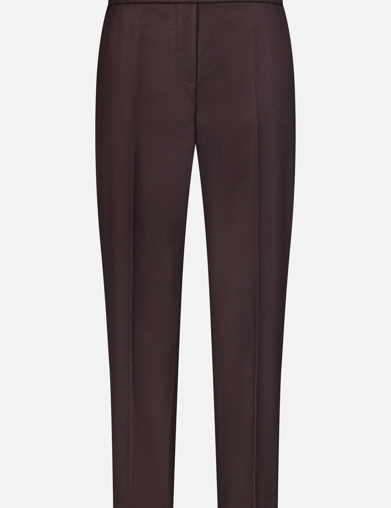 The THEORY Treeca Pull-On Pant is a tailored, chocolate brown cropped pant featuring a slim fit and flat front, perfect for sophisticated office attire, displayed against a white background.