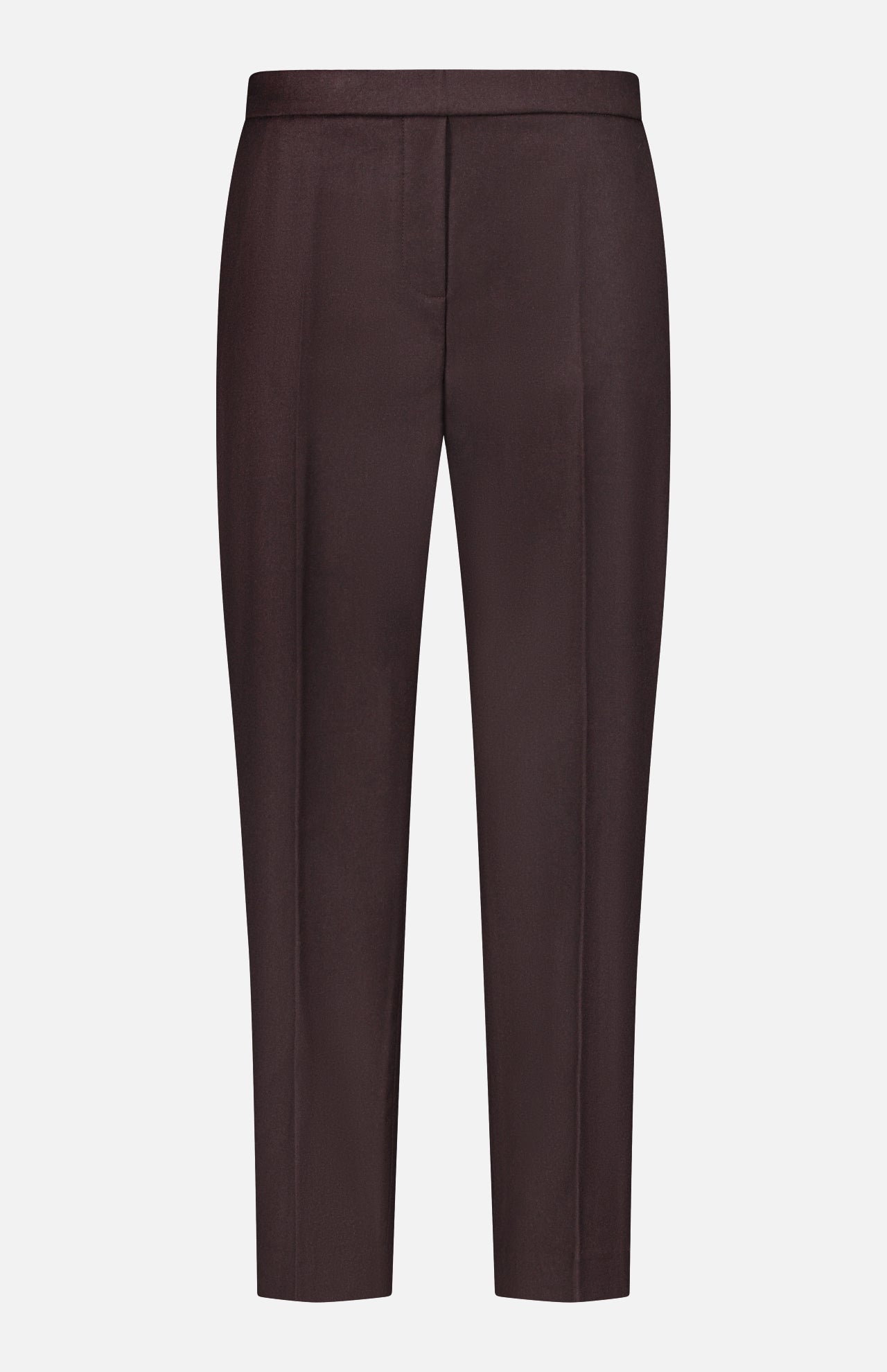 The THEORY Treeca Pull-On Pant is a tailored, chocolate brown cropped pant featuring a slim fit and flat front, perfect for sophisticated office attire, displayed against a white background.