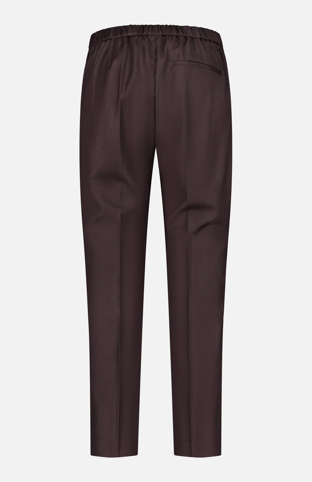 Back view of the THEORY Treeca Pull-On Pant in chocolate brown, featuring an elastic waistband, a single right back pocket, and straight legs, shown against a plain white background—ideal for introducing modern sophistication to your office wardrobe.