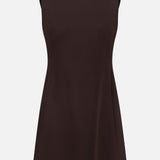 THEORY Turtleneck Aline Dress in dark brown, a sleeveless mini dress with a mock neck and timeless A-line silhouette, shown against a plain white background.
