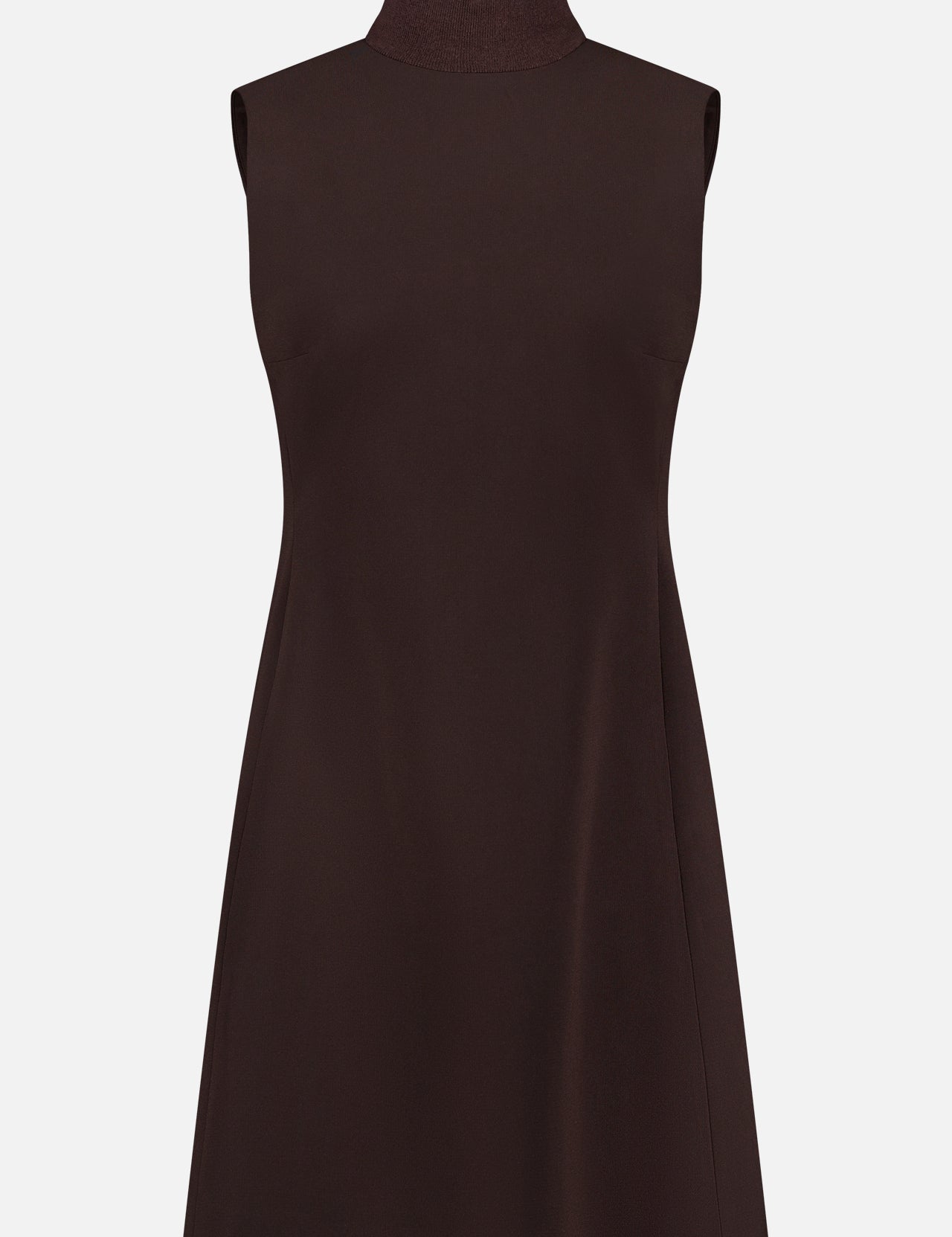 THEORY Turtleneck Aline Dress in dark brown, a sleeveless mini dress with a mock neck and timeless A-line silhouette, shown against a plain white background.