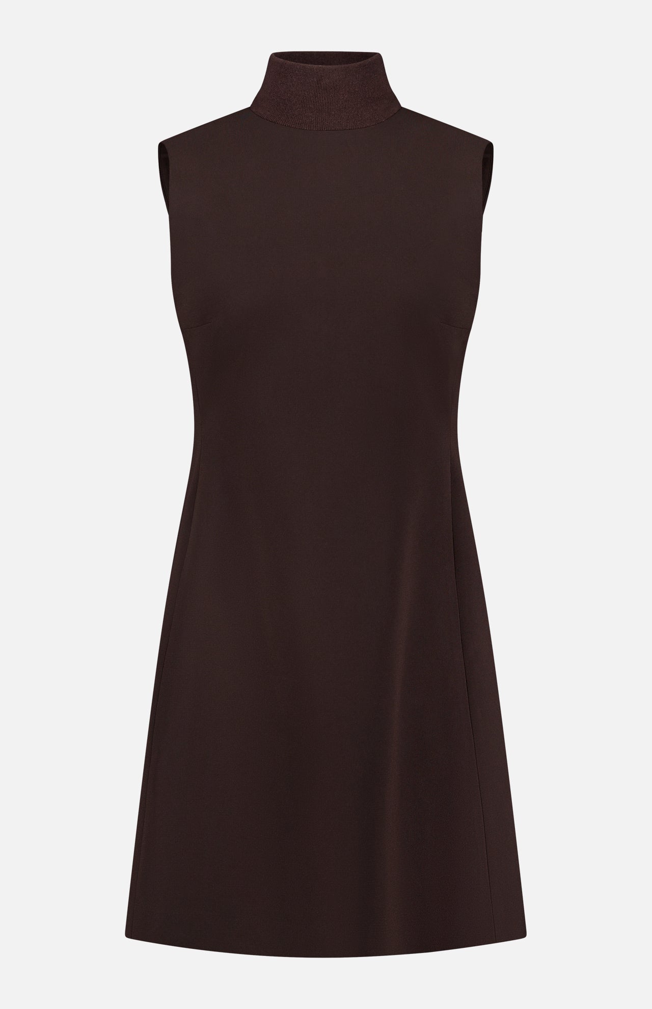 THEORY Turtleneck Aline Dress in dark brown, a sleeveless mini dress with a mock neck and timeless A-line silhouette, shown against a plain white background.